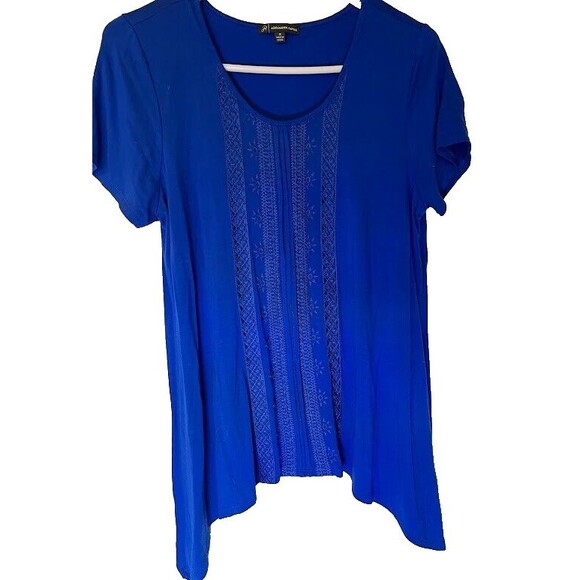 Adrianna Papell Royal Blue Modern Boho Longer Sides Shrt Sl Embroidered Top Sz M - Picture 4 of 5